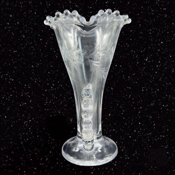 Imperial Candlewick Clear Flower Vase Ruffled Rim Etched Flowers Clear Vintage - Picture 2 of 12